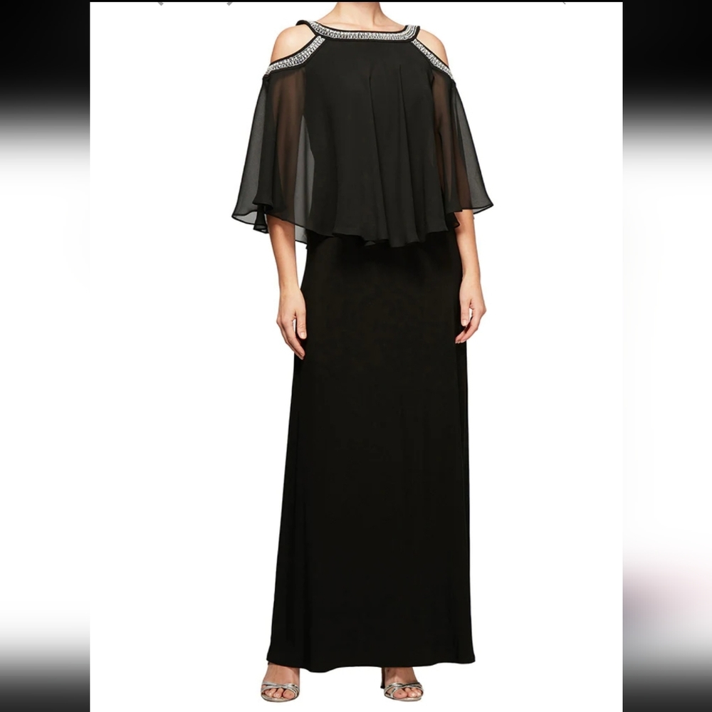 Alex Evenings Cold-Shoulder Bead-Trim Popover Gown Black 16 - nwt